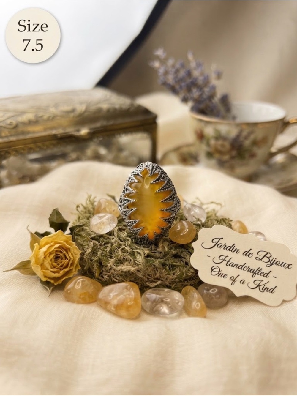 Handcrafted Yellow Agate Statement Ring - Size 7.5